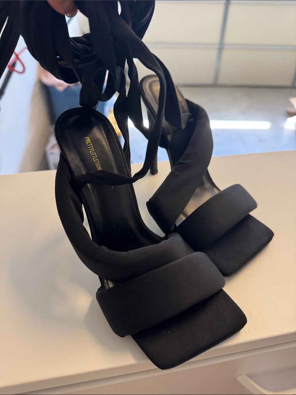 PrettyLittleThing Black Lace-Up Square Toe High Heels - Picture 2 of 4